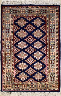 2'6x4'5 Bokhara Jaldar Area Rug with Silk & Wool Pile - Geometric Diamond Design | Hand-Knotted in Blue