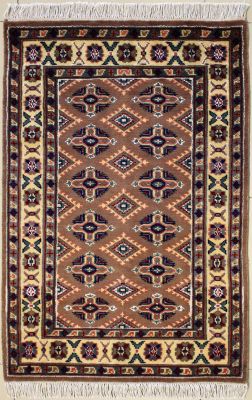 2'7x4'1 Bokhara Jaldar Area Rug with Silk & Wool Pile - Geometric Diamond Design | Hand-Knotted in Brown