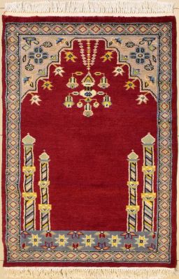 2'6x3'10 Bokhara Jaldar Area Rug with Wool Pile - Prayer Pictorial Design | Hand-Knotted in Red