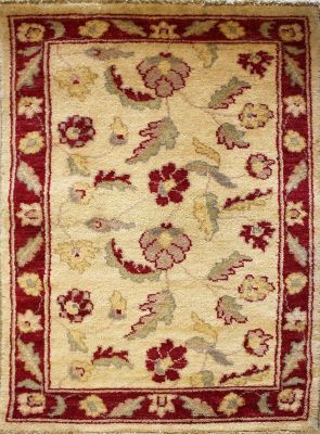2'1x3'2 Chobi Ziegler Area Rug made using Vegetable dyes with Wool Pile - Floral Design | Hand-Knotted in White