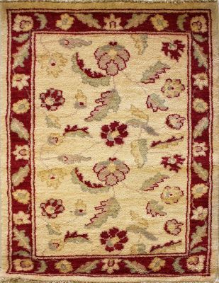 2'1x3'1 Chobi Ziegler Area Rug made using Vegetable dyes with Wool Pile - Floral Design | Hand-Knotted in White