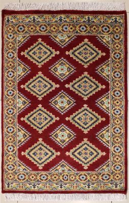 2'7x4'0 Bokhara Jaldar Area Rug with Silk & Wool Pile - Geometric Diamond Design | Hand-Knotted in Red