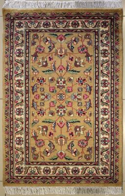 2'7x4'3 Pak Persian Area Rug with Silk & Wool Pile - Floral Design | Hand-Knotted in Beige