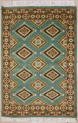 2'6x4'3 Bokhara Jaldar Area Rug with Silk & Wool Pile - Geometric Diamond Design | Hand-Knotted in Green