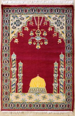 2'6x4'2 Bokhara Jaldar Area Rug with Wool Pile - Prayer Pictorial Design | Hand-Knotted in Red