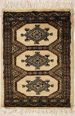 1'4x2'1 Bokhara Jaldar Area Rug with Wool Pile - Geometric Diamond Design | Hand-Knotted in White