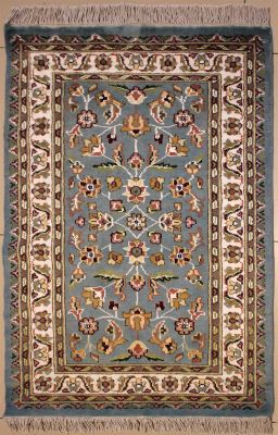 2'7x4'1 Pak Persian Area Rug with Silk & Wool Pile - Floral Design | Hand-Knotted in Greenish Blue