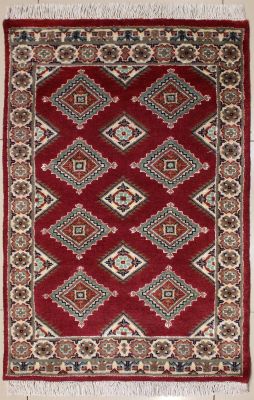 2'7x4'2 Bokhara Jaldar Area Rug with Silk & Wool Pile - Geometric Diamond Design | Hand-Knotted in Red