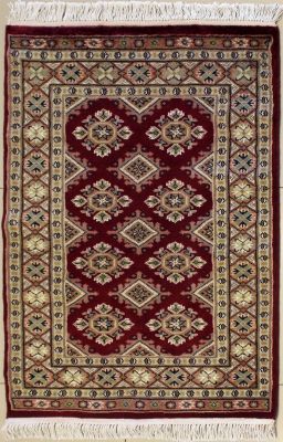 2'7x3'10 Bokhara Jaldar Area Rug with Silk & Wool Pile - Geometric Diamond Design | Hand-Knotted in Red