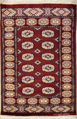 2'7x3'10 Bokhara Jaldar Area Rug with Silk & Wool Pile - Special Mori Bokhara Elephant Foot Design | Hand-Knotted in Red