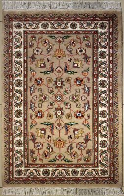 2'7x4'2 Pak Persian Area Rug with Silk & Wool Pile - Floral Design | Hand-Knotted in Beige