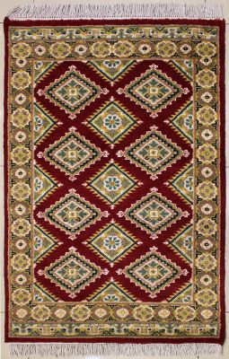 2'7x4'5 Bokhara Jaldar Area Rug with Silk & Wool Pile - Geometric Diamond Design | Hand-Knotted in Red