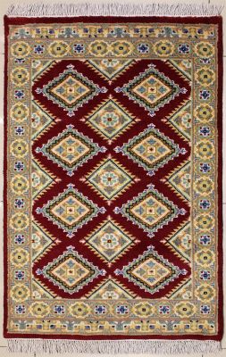 2'7x4'4 Bokhara Jaldar Area Rug with Silk & Wool Pile - Geometric Diamond Design | Hand-Knotted in Red