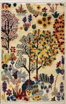 1'11x3'0 Chobi Ziegler Area Rug made using Vegetable dyes with Wool Pile - Floral Design | Hand-Knotted in White