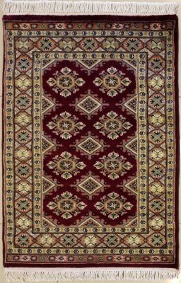 2'7x3'11 Bokhara Jaldar Area Rug with Silk & Wool Pile - Geometric Diamond Design | Hand-Knotted in Red