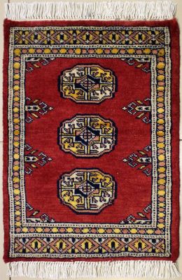 1'6x2'0 Bokhara Jaldar Area Rug with Wool Pile - Special Mori Bokhara Elephant Foot Design | Hand-Knotted in Red