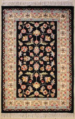 2'7x4'3 Pak Persian Area Rug with Silk & Wool Pile - Floral Design | Hand-Knotted in Black
