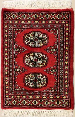 1'6x2'2 Bokhara Jaldar Area Rug with Wool Pile - Special Mori Bokhara Elephant Foot Design | Hand-Knotted in Red