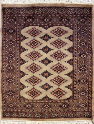 2'11x3'11 Bokhara Jaldar Area Rug with Silk & Wool Pile - Geometric Diamond Design | Hand-Knotted in Beige