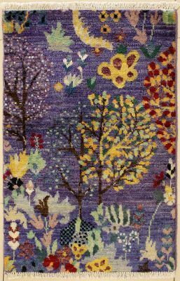 2'0x3'2 Chobi Ziegler Area Rug made using Vegetable dyes with Wool Pile - Floral Design | Hand-Knotted in Purple
