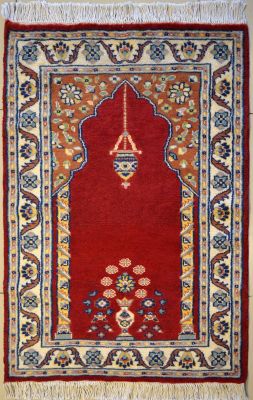 2'8x3'10 Bokhara Jaldar Area Rug with Wool Pile - Prayer Pictorial Design | Hand-Knotted in Red