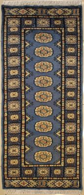 2'2x5'9 Bokhara Jaldar Area Rug with Wool Pile - Special Mori Bokhara Elephant Foot Design | Hand-Knotted in Greenish Blue