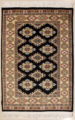 2'7x3'11 Bokhara Jaldar Area Rug with Silk & Wool Pile - Geometric Diamond Design | Hand-Knotted in Black