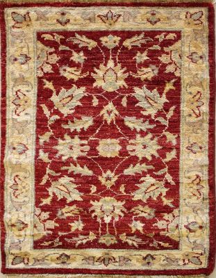 2'1x2'10 Chobi Ziegler Area Rug made using Vegetable dyes with Wool Pile - Floral Design | Hand-Knotted in Red