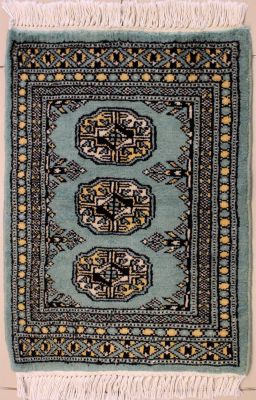 1'6x2'0 Bokhara Jaldar Area Rug with Wool Pile - Special Mori Bokhara Elephant Foot Design | Hand-Knotted in Green