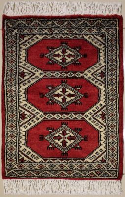 1'6x2'2 Bokhara Jaldar Area Rug with Wool Pile - Geometric Diamond Design | Hand-Knotted in Red