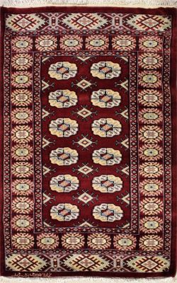 2'7x3'11 Bokhara Jaldar Area Rug with Wool Pile - Special Mori Bokhara Elephant Foot Design | Hand-Knotted in Red
