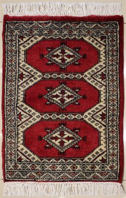 1'6x2'1 Bokhara Jaldar Area Rug with Wool Pile - Geometric Diamond Design | Hand-Knotted in Red