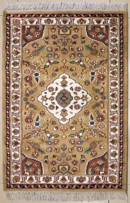 2'8x4'3 Pak Persian Area Rug with Silk & Wool Pile - Floral Design | Hand-Knotted in Beige
