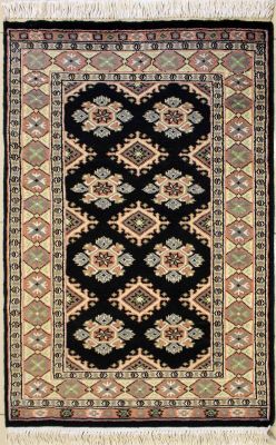 2'7x4'1 Bokhara Jaldar Area Rug with Silk & Wool Pile - Geometric Diamond Design | Hand-Knotted in Black