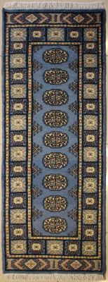 2'1x6'0 Bokhara Jaldar Area Rug with Wool Pile - Special Mori Bokhara Elephant Foot Design | Hand-Knotted in Greenish Blue