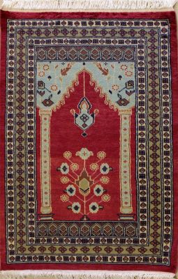 2'9x4'2 Bokhara Jaldar Area Rug with Wool Pile - Prayer Pictorial Design | Hand-Knotted in Maroon