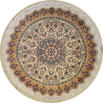 4'0x4'2 Pak Persian Area Rug with Silk & Wool Pile - Floral Design | Hand-Knotted in Beige