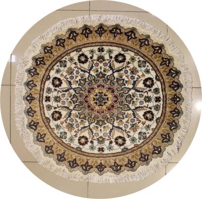 4'1x4'0 Pak Persian Area Rug with Silk & Wool Pile - Floral Design | Hand-Knotted in Ivory