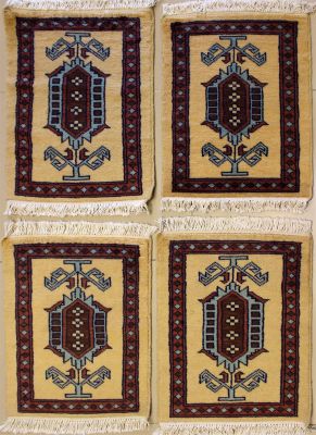 1'4x2'1 Bokhara Jaldar Area Rug with Wool Pile - Mat Set 4 Pieces Medallion Design | Hand-Knotted in Gold