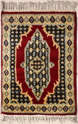 1'5x2'0 Bokhara Jaldar Area Rug with Wool Pile - Geometric Medallion Design | Hand-Knotted in Red