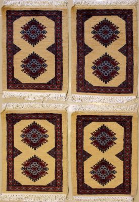 1'4x2'1 Bokhara Jaldar Area Rug with Wool Pile - Mat Set 4 Pieces Diamond Design | Hand-Knotted in Gold