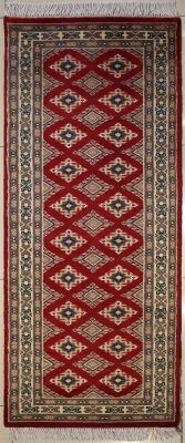 2'0x6'3 Bokhara Jaldar Area Rug with Silk & Wool Pile - Geometric Diamond Design | Hand-Knotted in Red