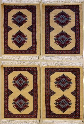 1'4x2'2 Bokhara Jaldar Area Rug with Wool Pile - Mat Set 4 Pieces Diamond Design | Hand-Knotted in Gold