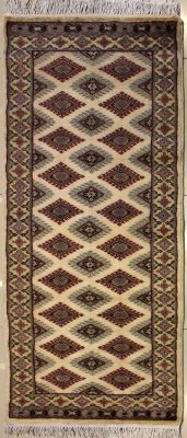 2'0x6'0 Bokhara Jaldar Area Rug with Silk & Wool Pile - Geometric Diamond Design | Hand-Knotted in White