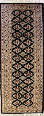 2'1x5'11 Bokhara Jaldar Area Rug with Silk & Wool Pile - Floral Geometric Design | Hand-Knotted in Black