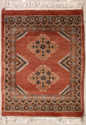 1'9x2'3 Bokhara Jaldar Area Rug with Silk & Wool Pile - Geometric Diamond Design | Hand-Knotted in Reddish Brown