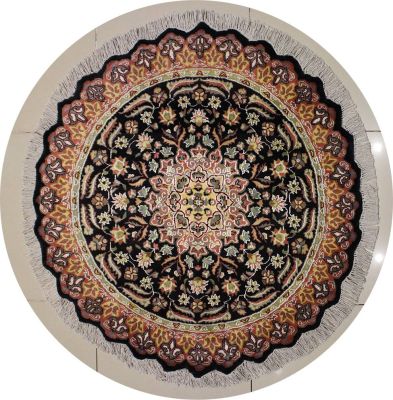 4'1x4'2 Pak Persian Area Rug with Silk & Wool Pile - Floral Design | Hand-Knotted in Black