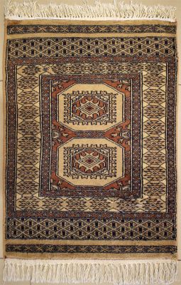 1'11x2'7 Bokhara Jaldar Area Rug with Wool Pile - Geometric Design | Hand-Knotted in Beige