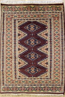 2'4x3'9 Pak Persian High Quality Area Rug with Wool Pile - Geometric Diamond Design | Hand-Knotted in Dark Brown