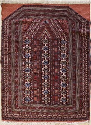 3'4x4'6 Caucasian Design Area Rug with Wool Pile - Tribal Prayer in High Quality Elephant Foot Design | Hand-Knotted in Reddish Brown